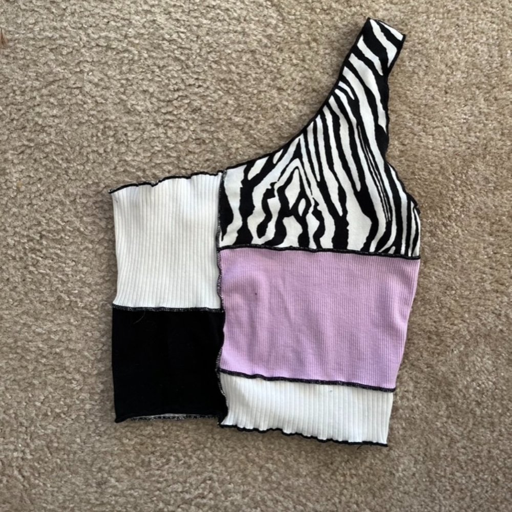 zebra patchwork one shoulder top